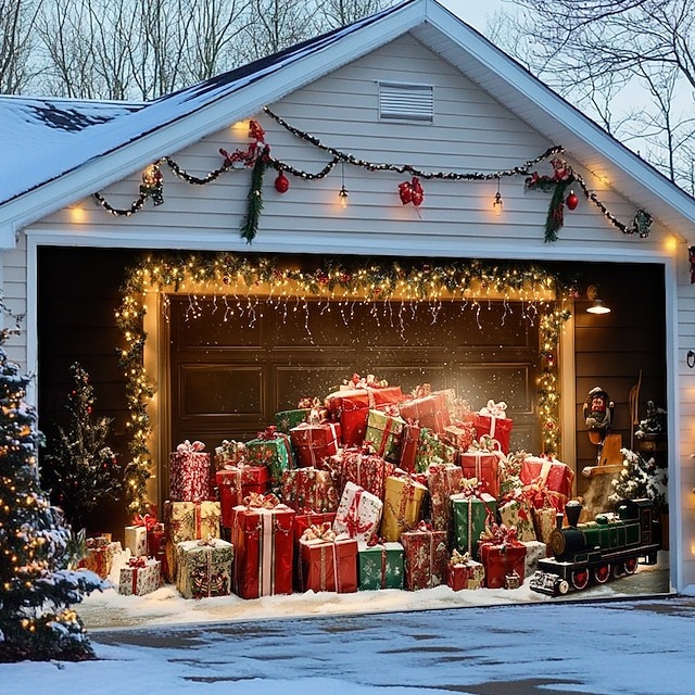 Xmas Presents Christmas Garage Door Cover Winter Garage Cover Decor Gifts For Holiday