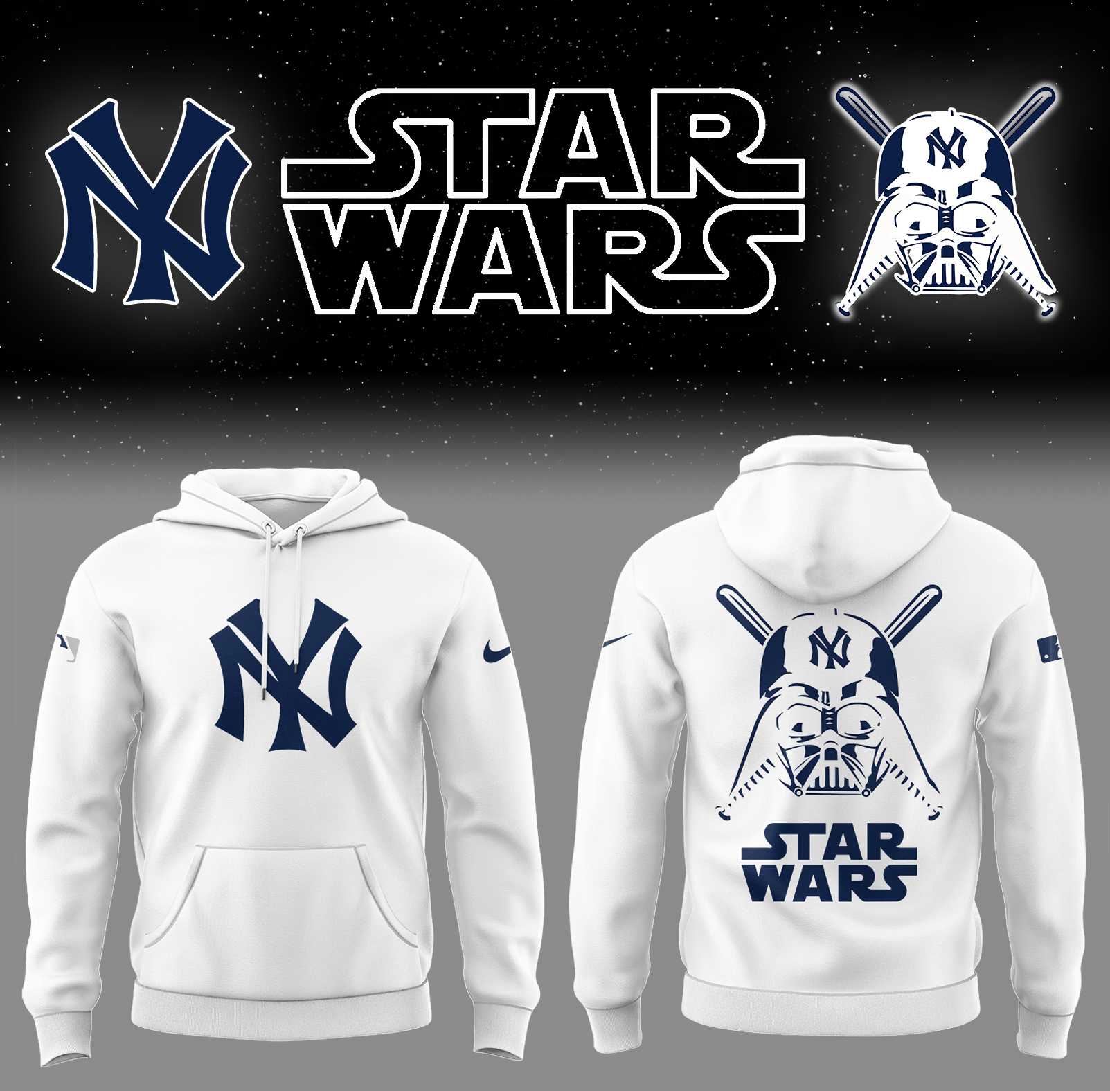 Yankees Baseball 2025 Yankees x Star Wars White Hoodie Baseball Father's Day Gifts