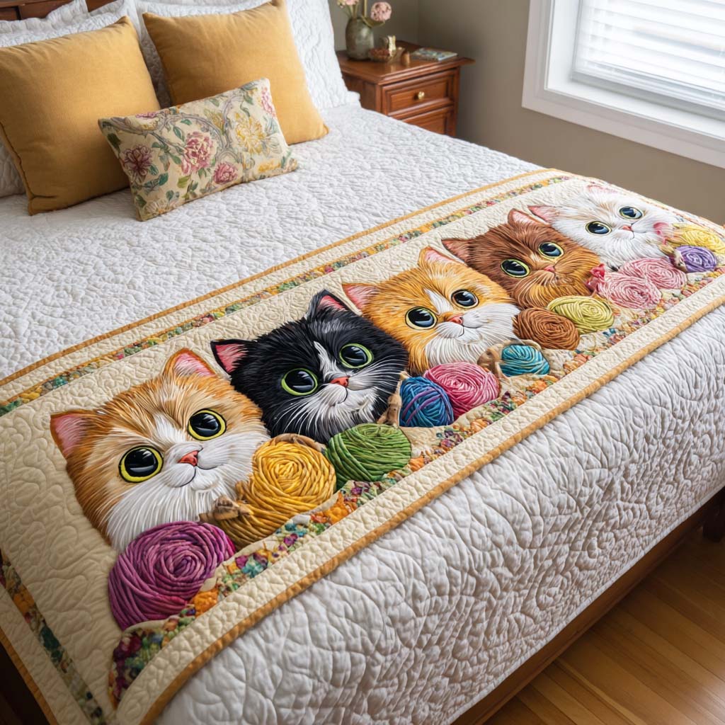 Yarn Cats Quilted Bed Runner Cute Room Decor Cat Love Gifts Items