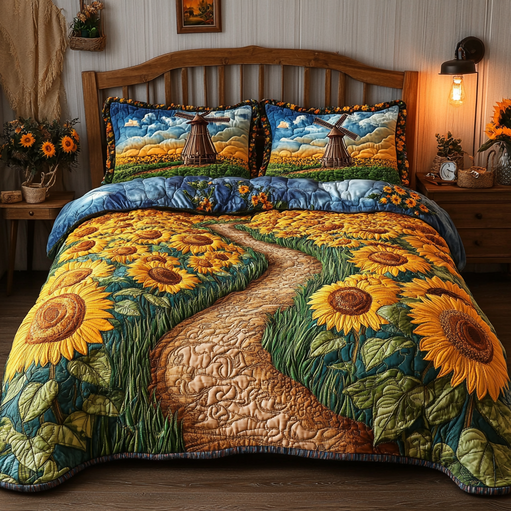 Yellow Bliss Quilted Bedding Set Bed Decorations Sunflower Gifts For Grandma