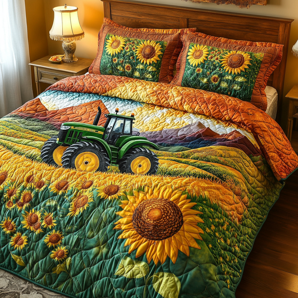 Yellow Bloom Ride Quilted Bedding Set Best Bedspread Set Christmas Gifts For Tractor Famers