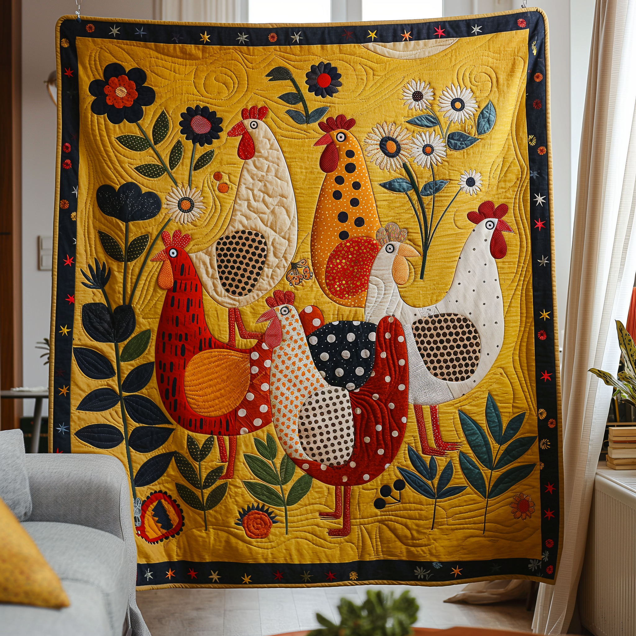 Yellow Daisy Chicken Quilted Blanket Presents For Chicken Love