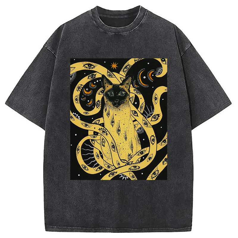 Yellow Eyes Cat Washed T-Shirt Trendy Everyday Casual Outfit Gifts For Her