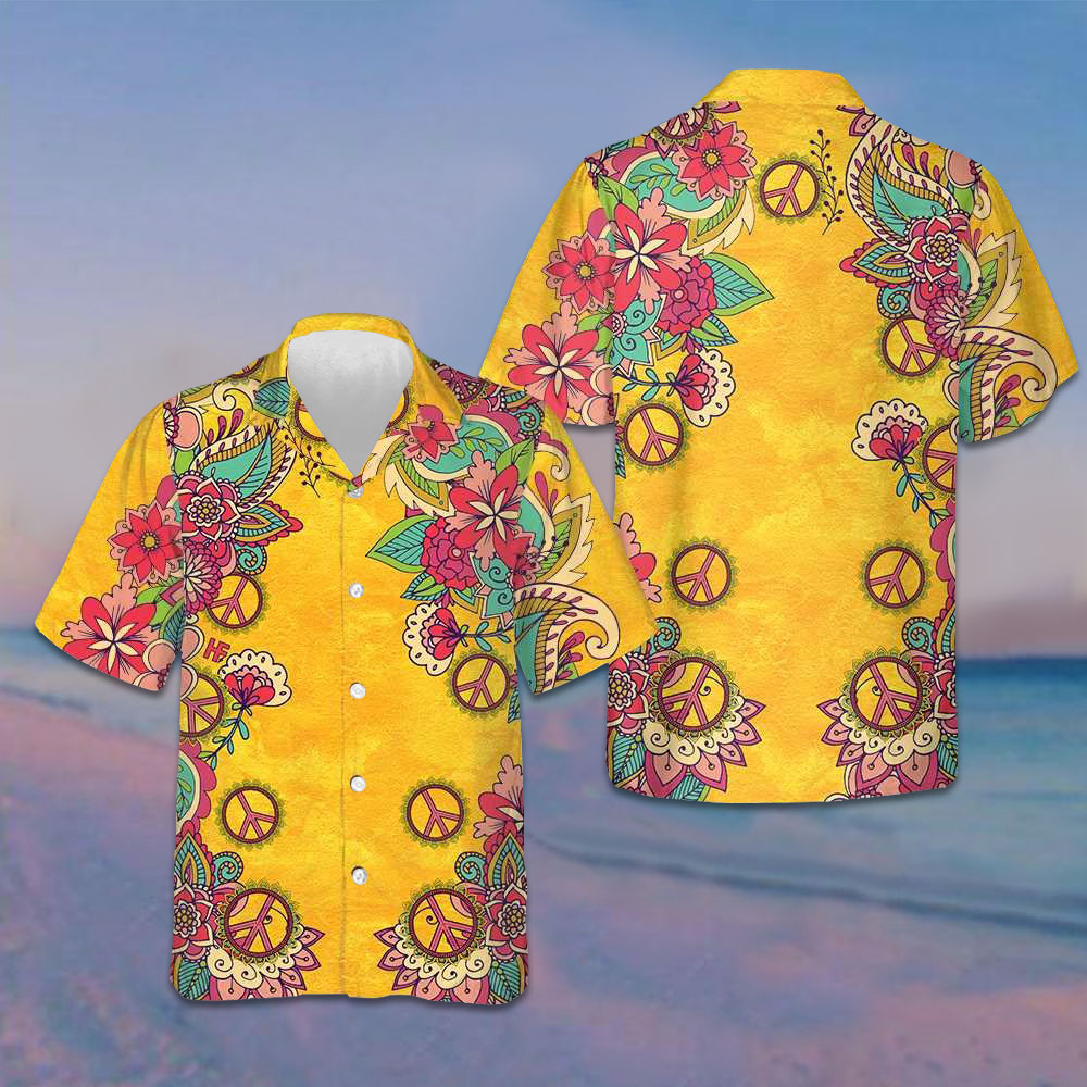 Yellow Hippie Peace Sign And Flowers Hawaiian Shirt Button Up Summer Shirts For Men