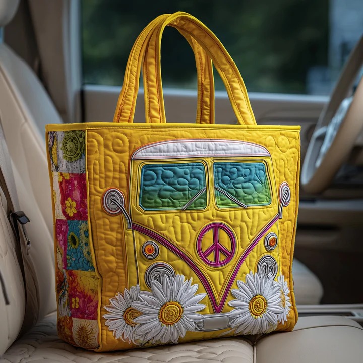 Yellow Hippie Van Quilted Tote Bag Daisy Peace Sign Bag Retro Best Gift For Women