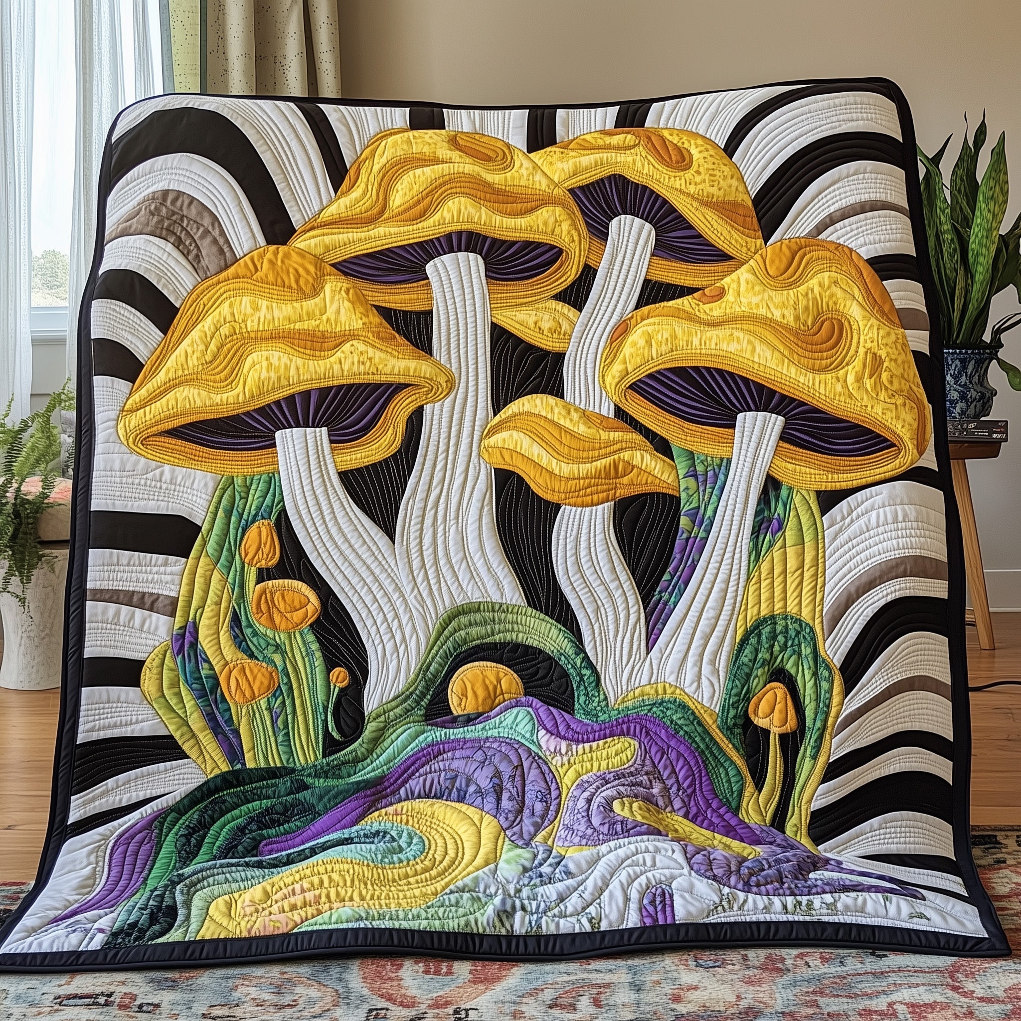 Yellow Mirage Quilted Blanket Best Couch Throw BlanketCool Gifts For Mushroom Hunters