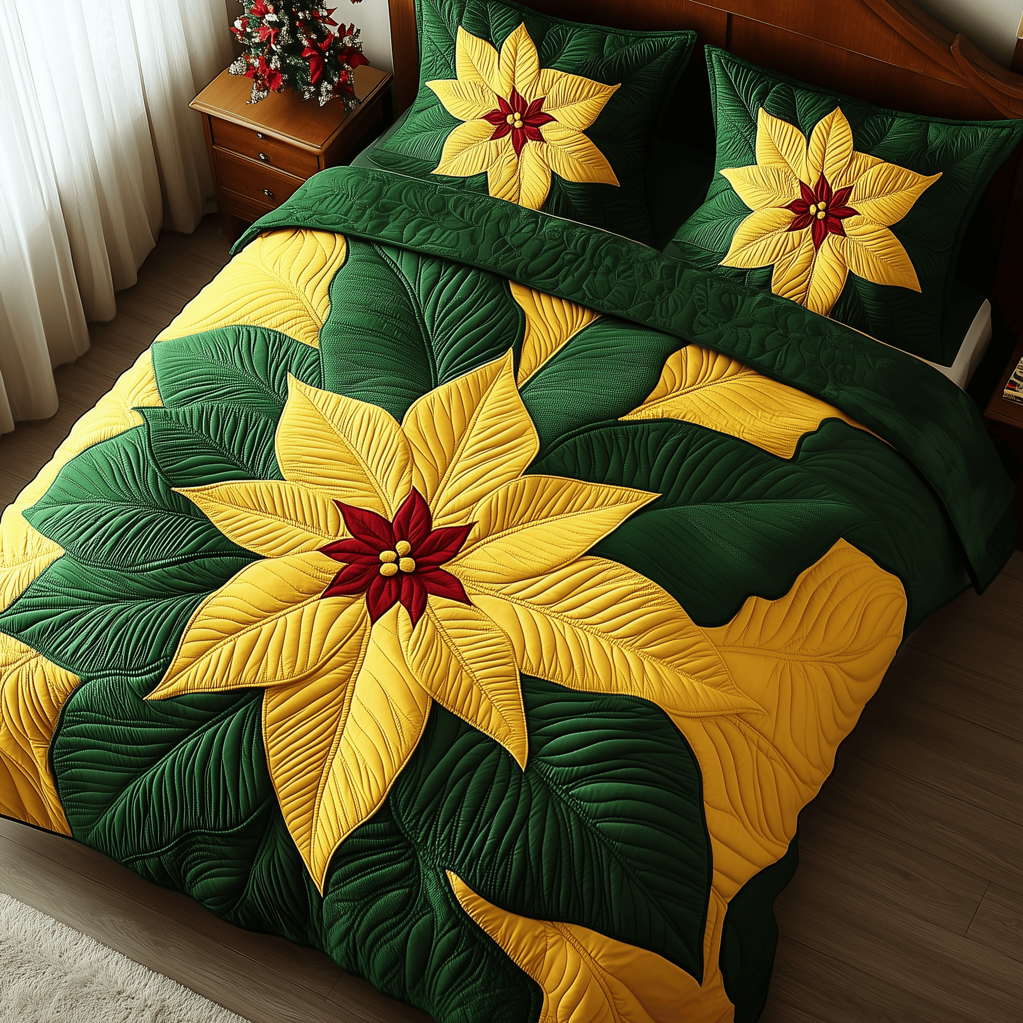 Yellow Poinsettias Quilted Bedding Set Christmas Bedding Set Christmas Gifts For Couples