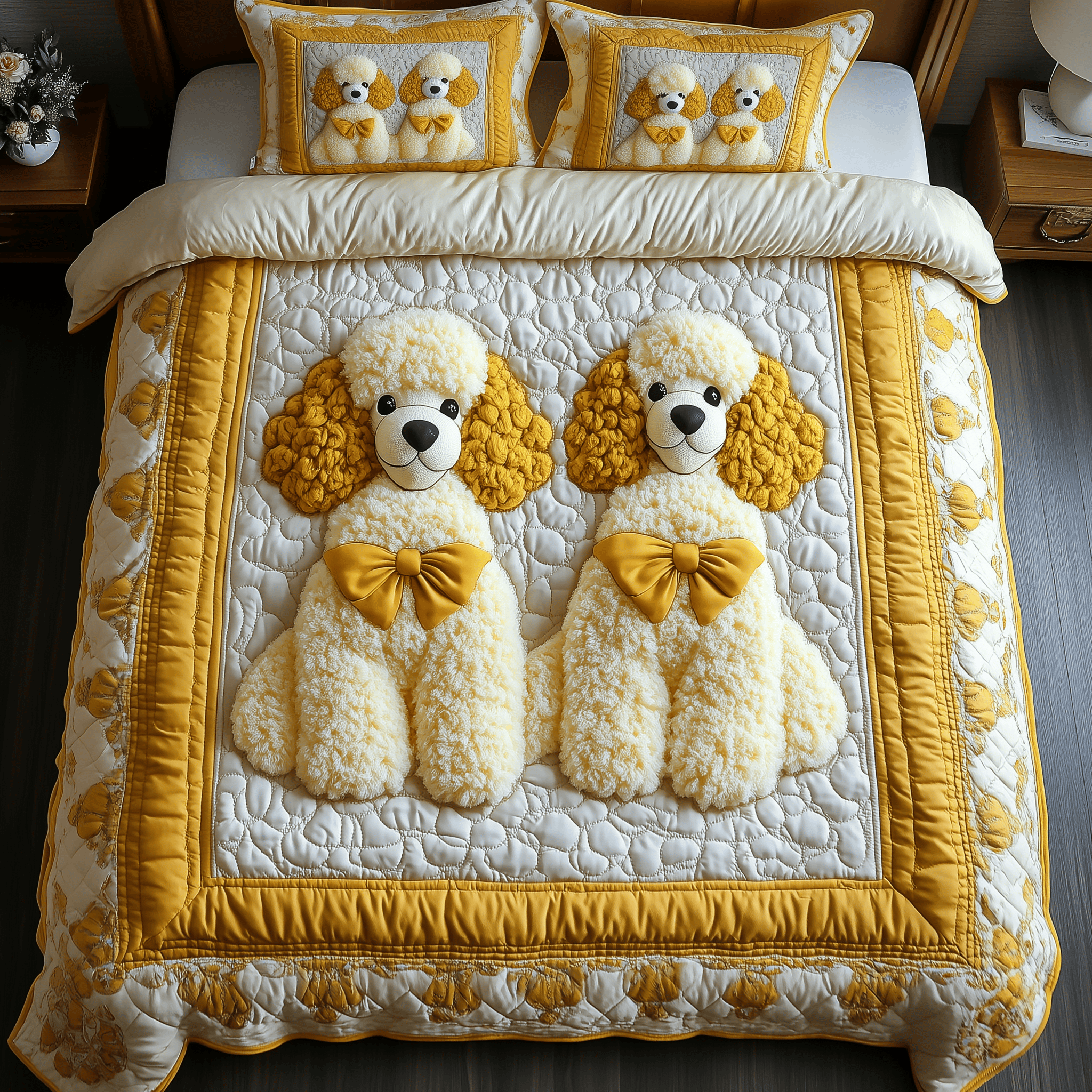 Yellow Poodle Quilted Bedding Set Xmas Bedding Set Best Christmas Gifts 2024
