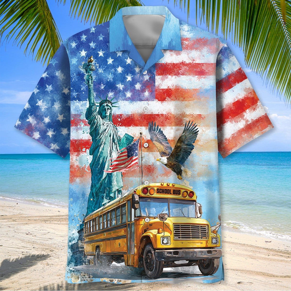 Yellow School Bus Hawaiian Shirt Patriotic Statue Of Liberty Clothing Gift For Him
