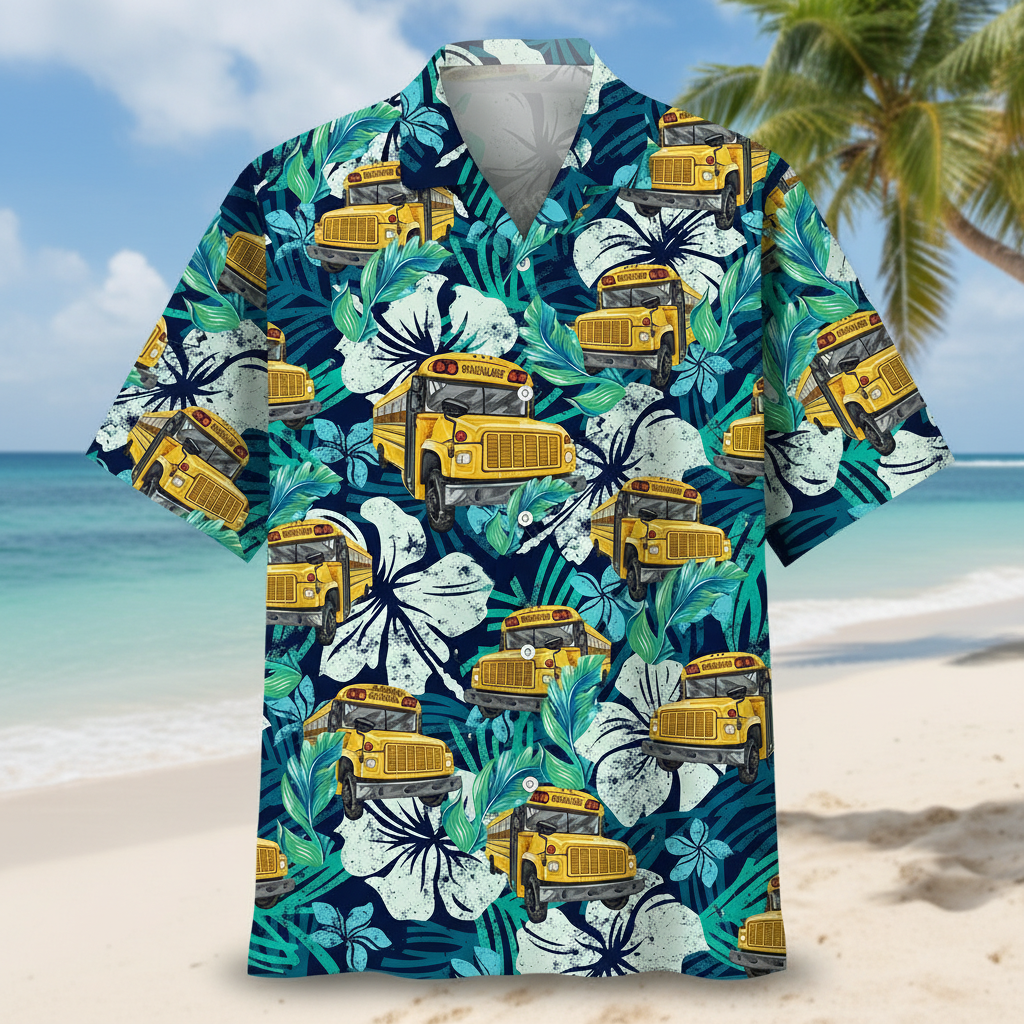 Yellow School Bus Hawaiian Shirt Tropical Floral Summer Vacation Clothing Gift For Men