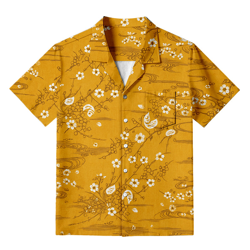 Yellow Small White Flowers Hawaiian Shirt Flower Pattern Cherry Blossom Shirt Perfect Gifts