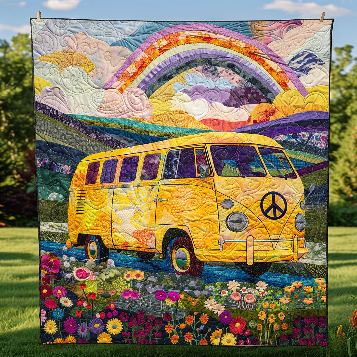 Yellow Van Hippie Quilt Blanket Couch Blanket Gift Ideas For Mother In Law