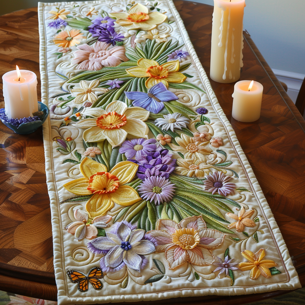 Yellow Whisper Quilted Table Runner Flower Table Cover Unique Gifts Family