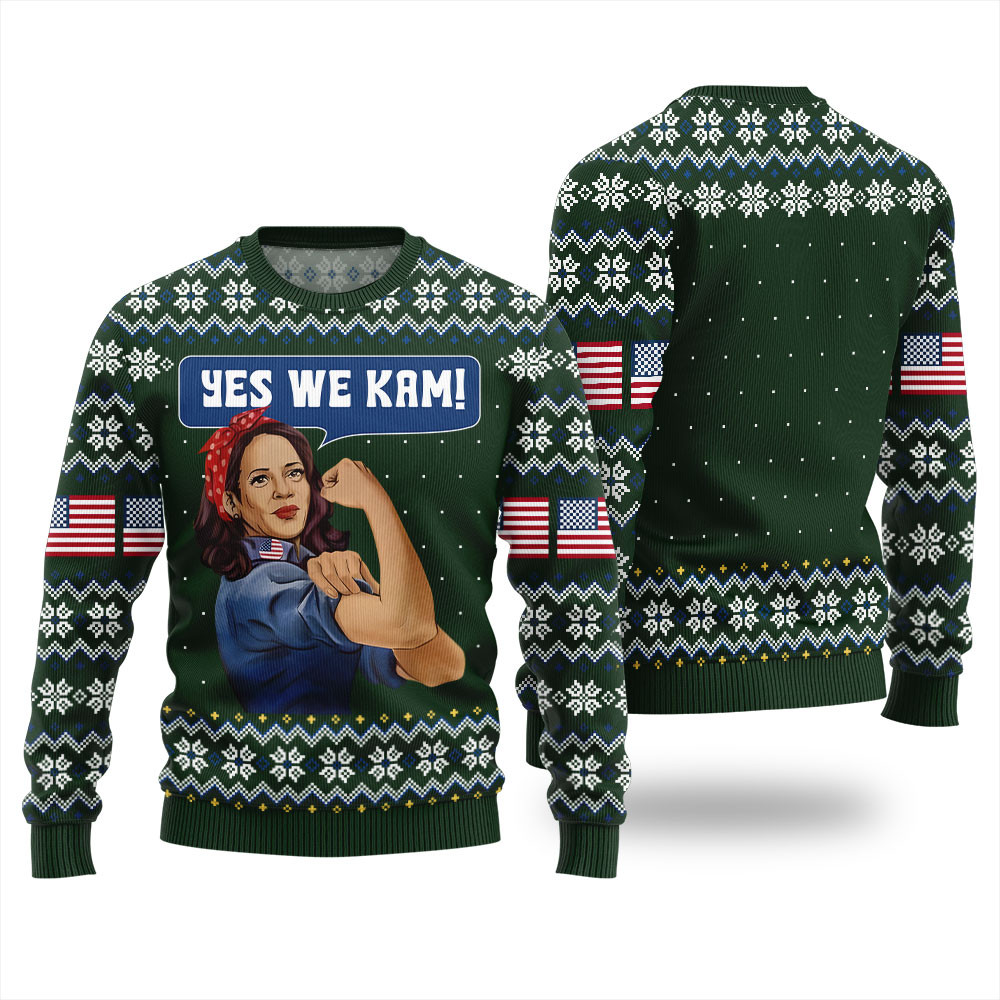 Yes We Kam Christmas Sweater For Kamala Harris Green Warm Winter Merch Gift for Someone You Love