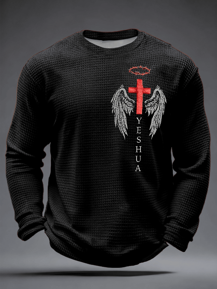 Yeshua Cross Waffle Long Sleeve Shirt Christian Faith Pullover Religious Gift For Men