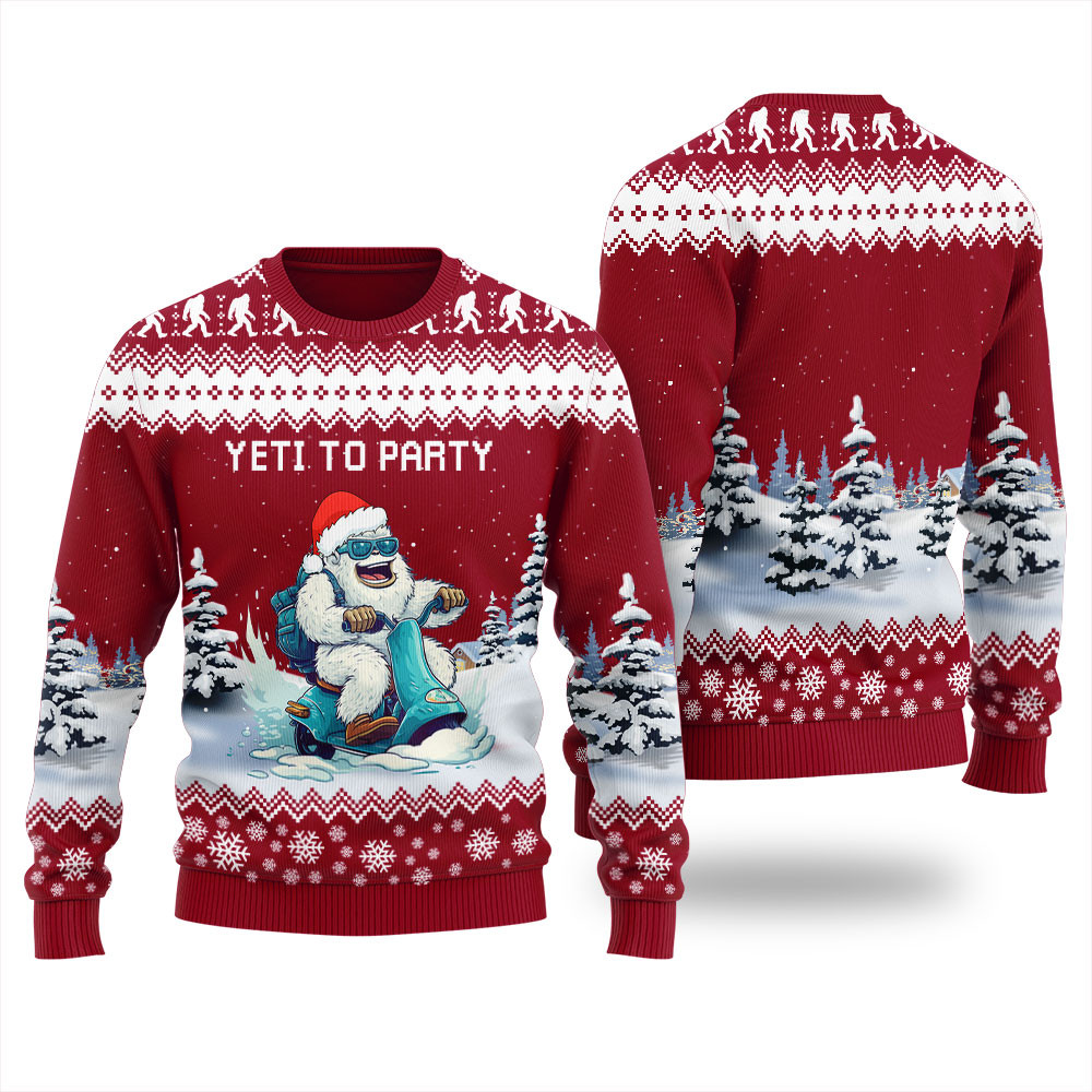 Yeti Riding To Party Ugly Christmas Sweater For Women Funny Xmas Sweater for Ugly Sweater Parties
