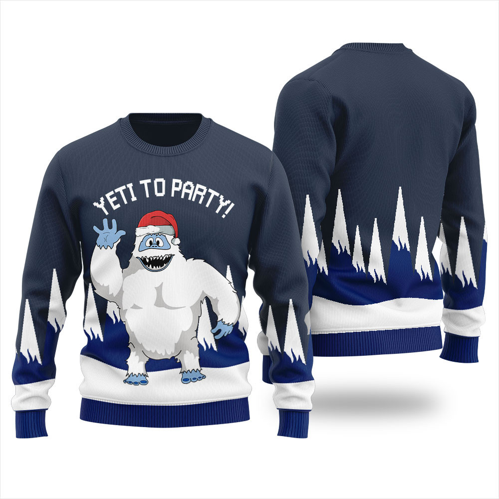 Yeti To Party Womens Ugly Christmas Sweater Navy Cozy Christmas Sweater for Holiday Season