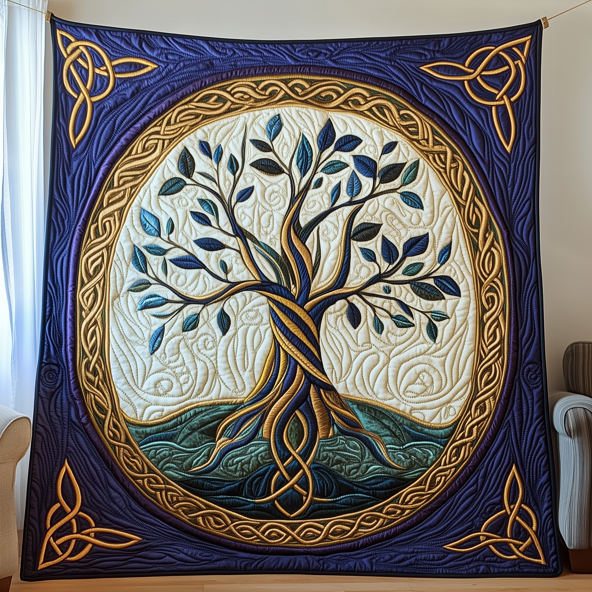 Yggdrasil Tree of Life Quilted Blanket Norse Celtic Symbol Golden Roots Tree Of Life Gifts For Grangarents