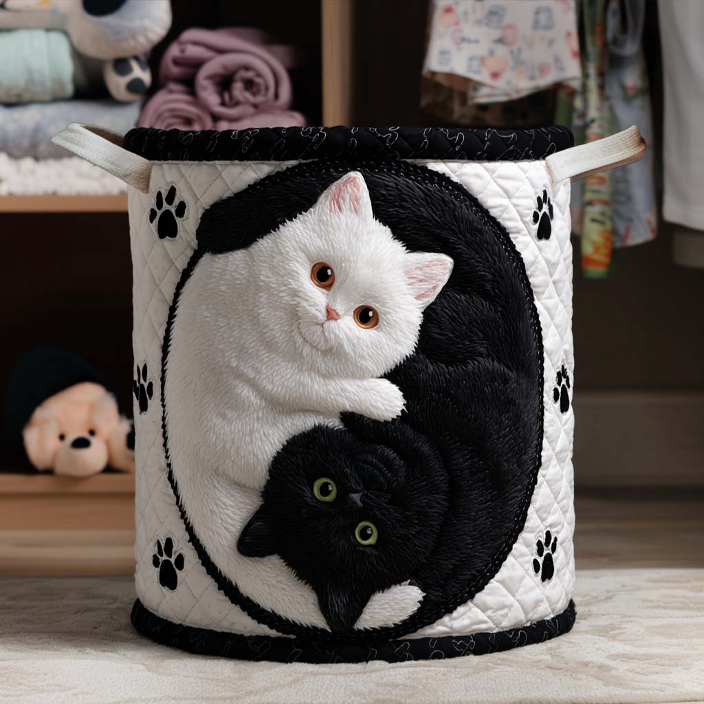Yin Yang Cats Quilted Laundry Basket Large Capacity Quilted Laundry Basket for Clothes Storage