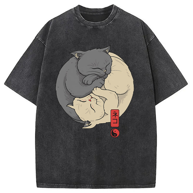 Yin Yang Cats Washed T-Shirt Casual Oversized Outfit Style Gifts For Sister