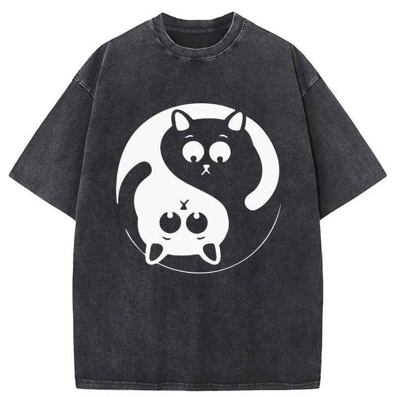 Yin Yang Gossip Cat Washed T-Shirt Minimal Retro Graphic Clothing Gifts For Brother