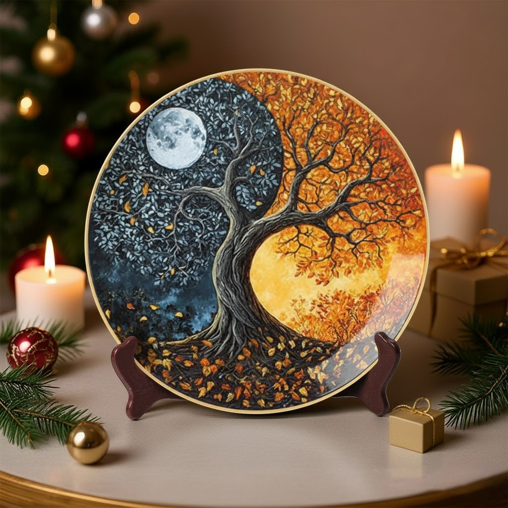 Yin-Yang Tree Of Life Christmas Ceramic Plate Balance Moon And Sun Spiritual Home Decorations