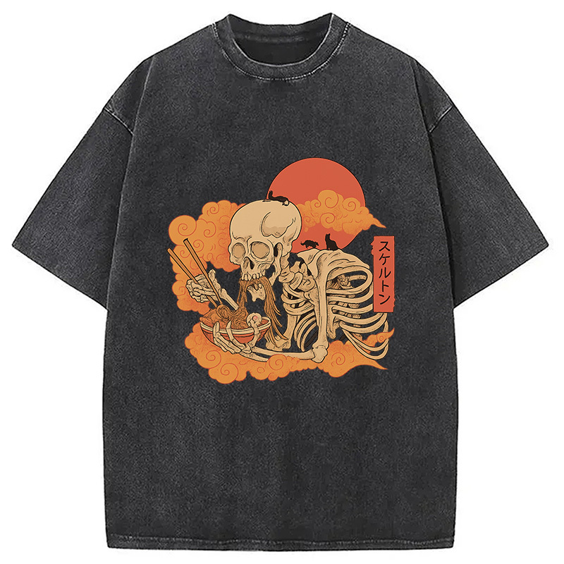 Yokai Ramen and Cats Washed T-Shirt Unique Aesthetic Fashion Tee Gifts For Best Friend