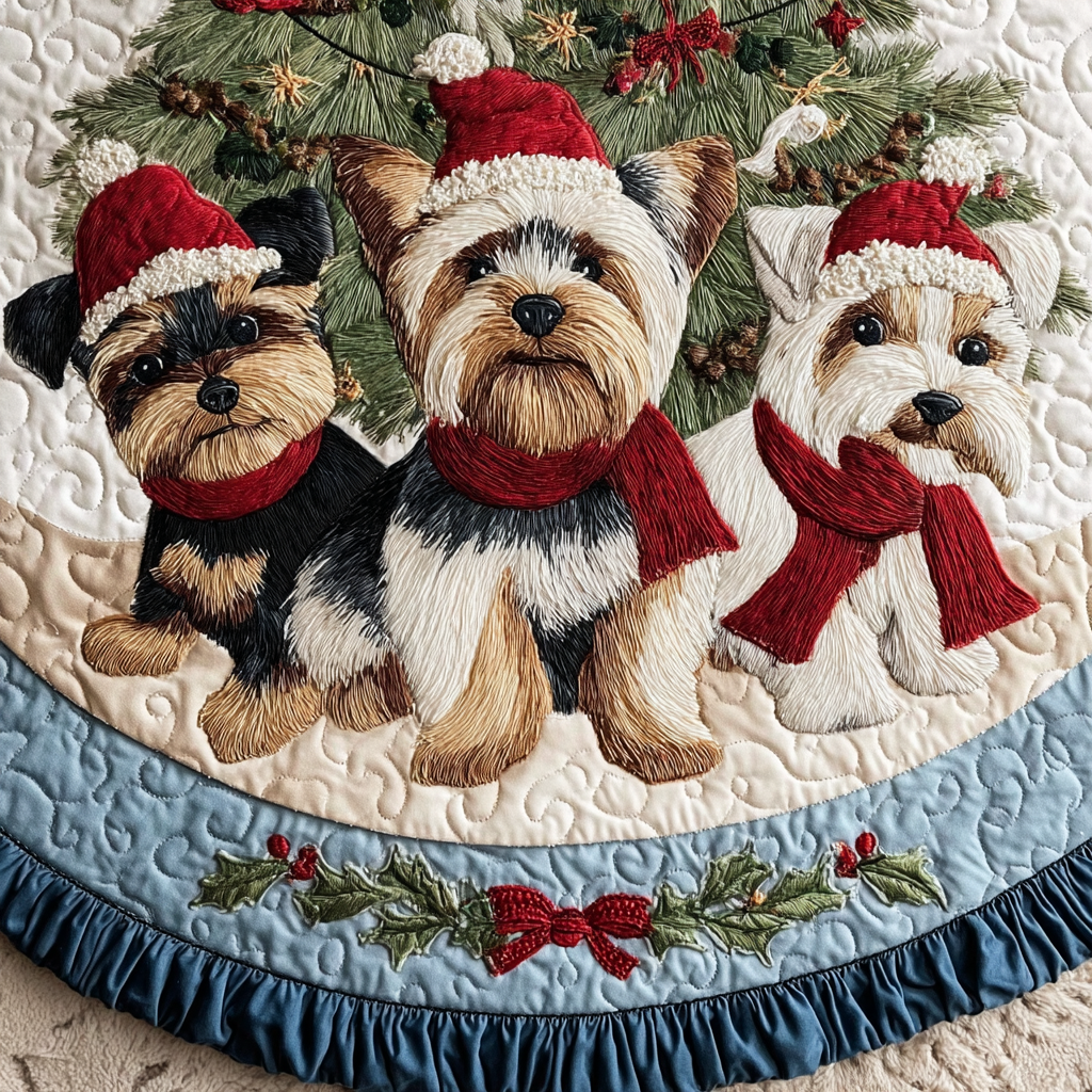 Yorkie Bliss Christmas Quilted Tree Skirt Cozy Quilted Tree Skirt Gift for Winter Celebrations