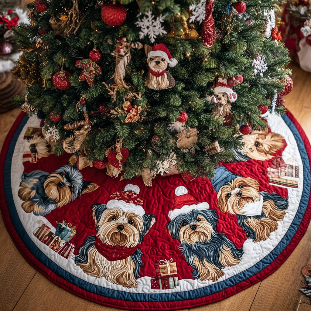 Yorkie Charm Christmas Quilted Tree Skirt Soft and Durable Quilted Tree Skirt for Every Home