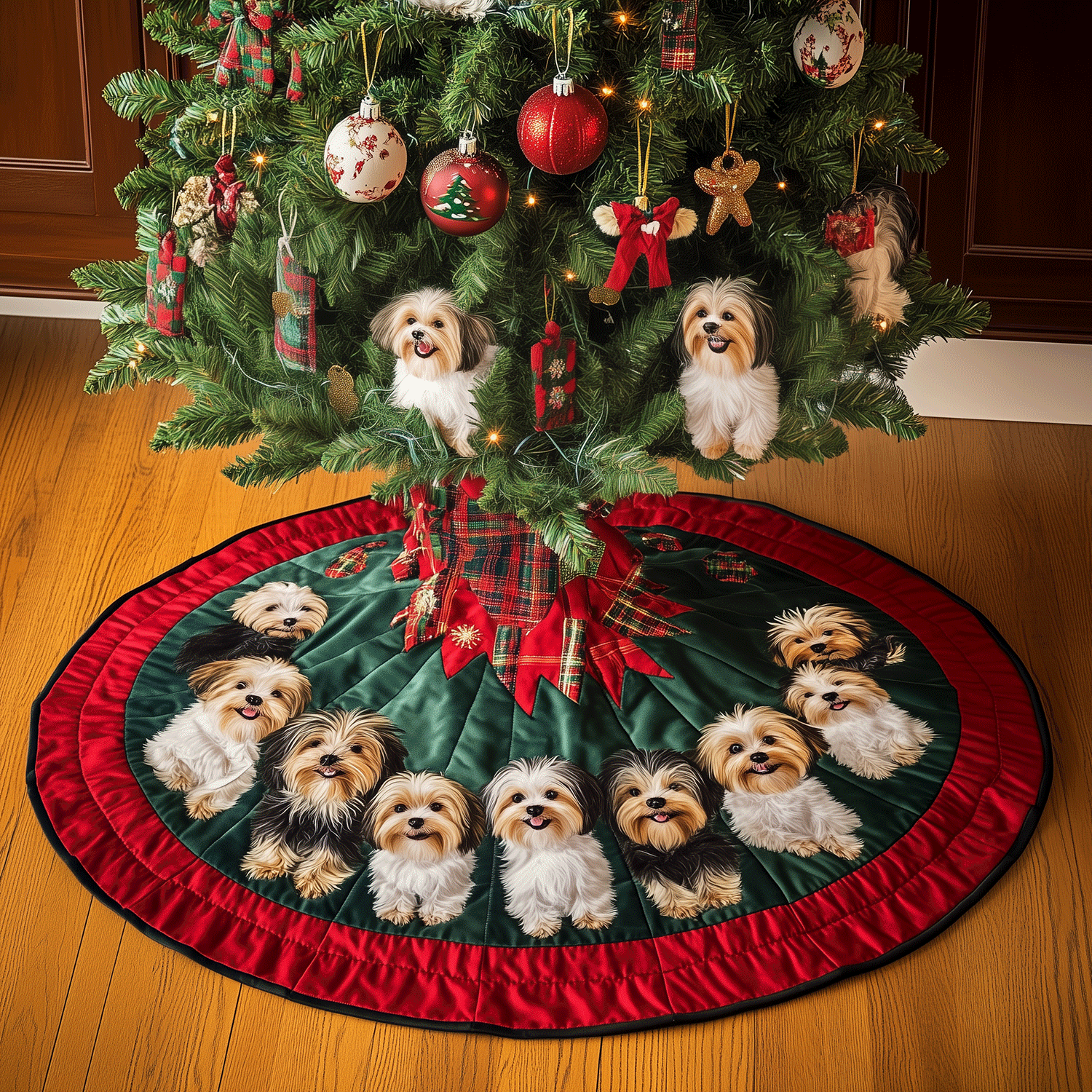 Yorkie Christmas Joy Quilted Christmas Tree Skirt Must Have Holiday Merch for Christmas Decor
