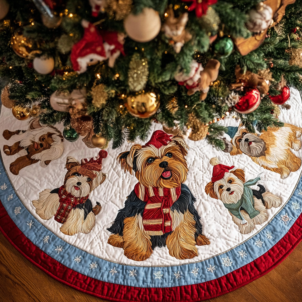 Yorkie Glow Christmas Quilted Tree Skirt Luxury Quilted Tree Skirt with Decorative Stitching