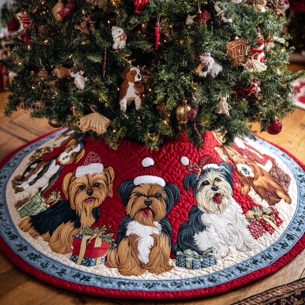 Yorkie Heart Christmas Quilted Tree Skirt Trendy Quilted Tree Skirt Gift for Modern Christmas