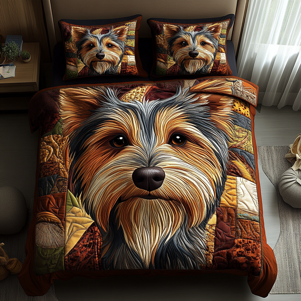 Yorkie Hug Quilted Bedding Set Trendy Bedding Set for Bedroom Makeover