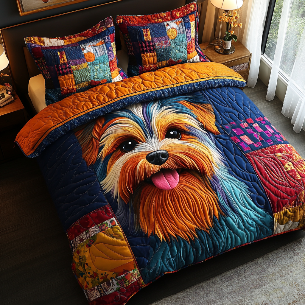 Yorkie Magic Quilted Bedding Set Elegant Bed Linen Set for Cozy Nights