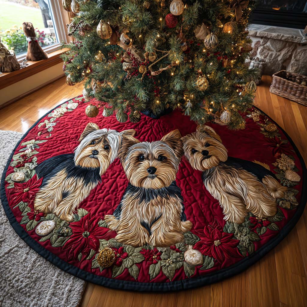 Yorkie Magic Quilted Christmas Tree Skirt Xmas Tree Cover Base Yorkshire Terrier Products