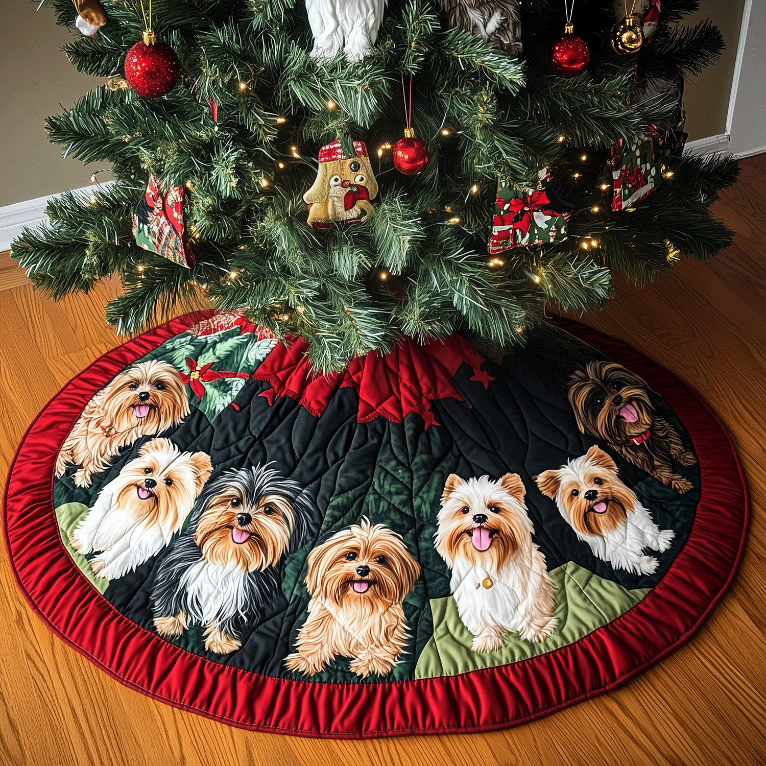 Yorkie Noel Quilted Christmas Tree Skirt Warm and Soft Christmas Tree Skirt for Winter