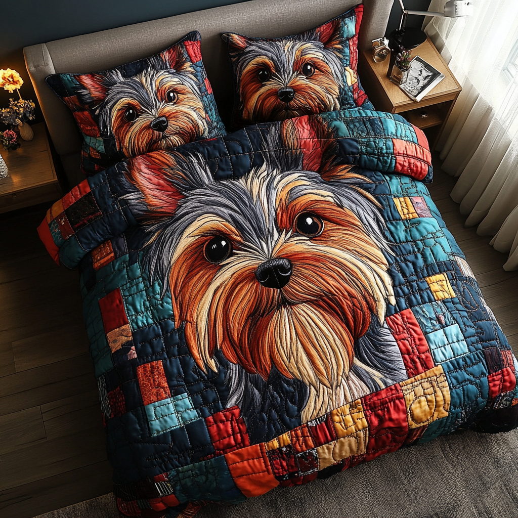 Yorkie Whimsy Quilted Bedding Set Perfect Bedding Gift Set for Family and Friends