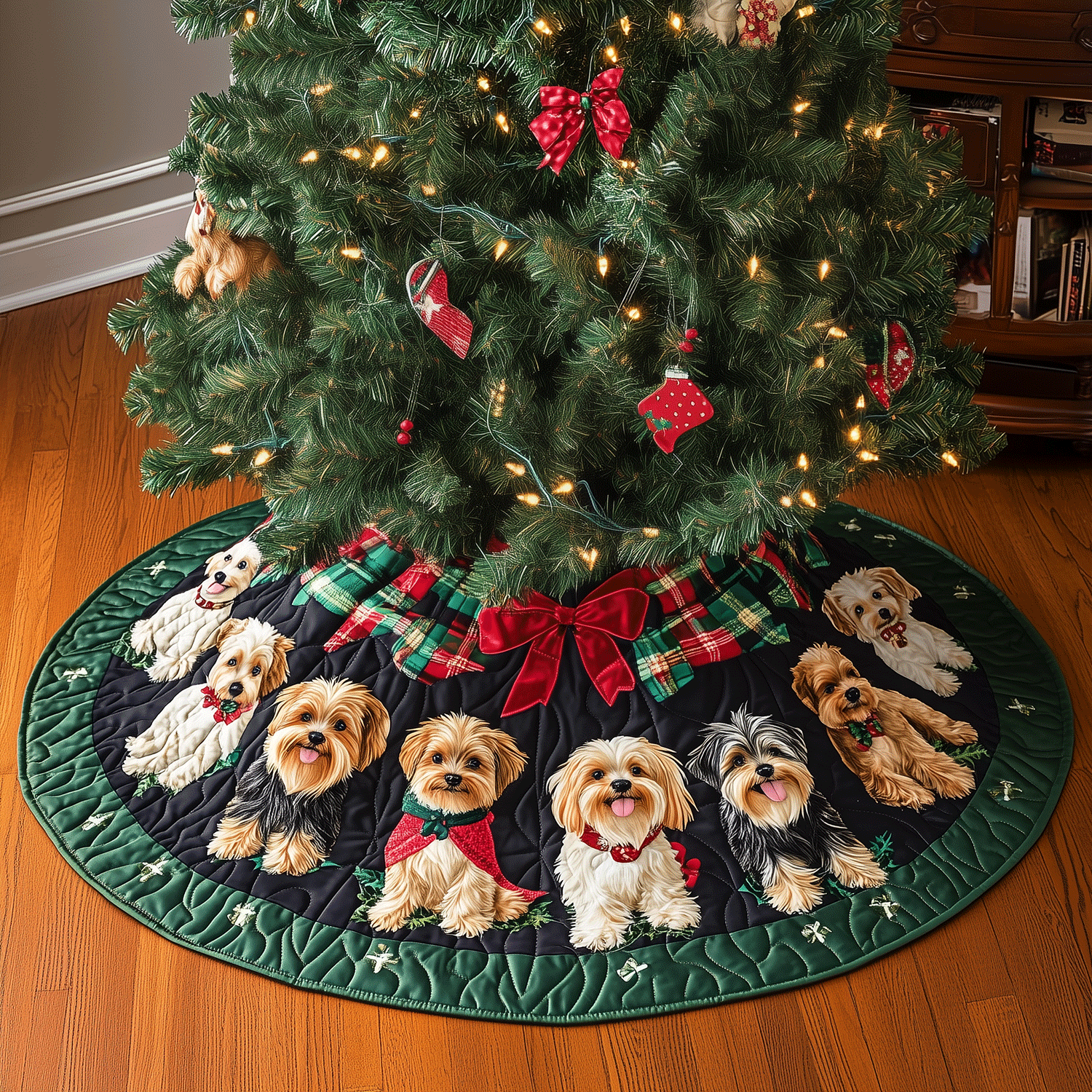 Yorkie Wonderland Quilted Christmas Tree Skirt Exclusive Christmas Tree Skirt Merch Collection