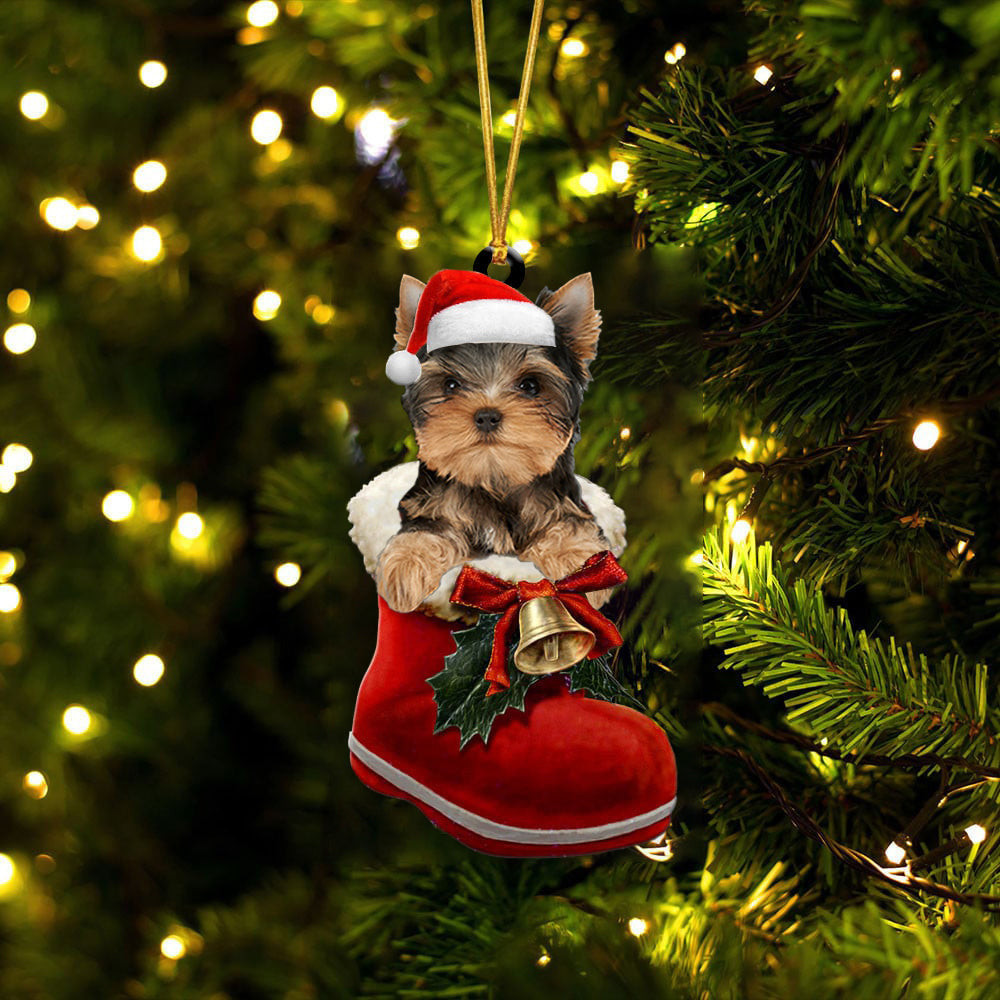 Yorkshire Terrier 2 In Santa Boot Christmas Two Sided Ornament