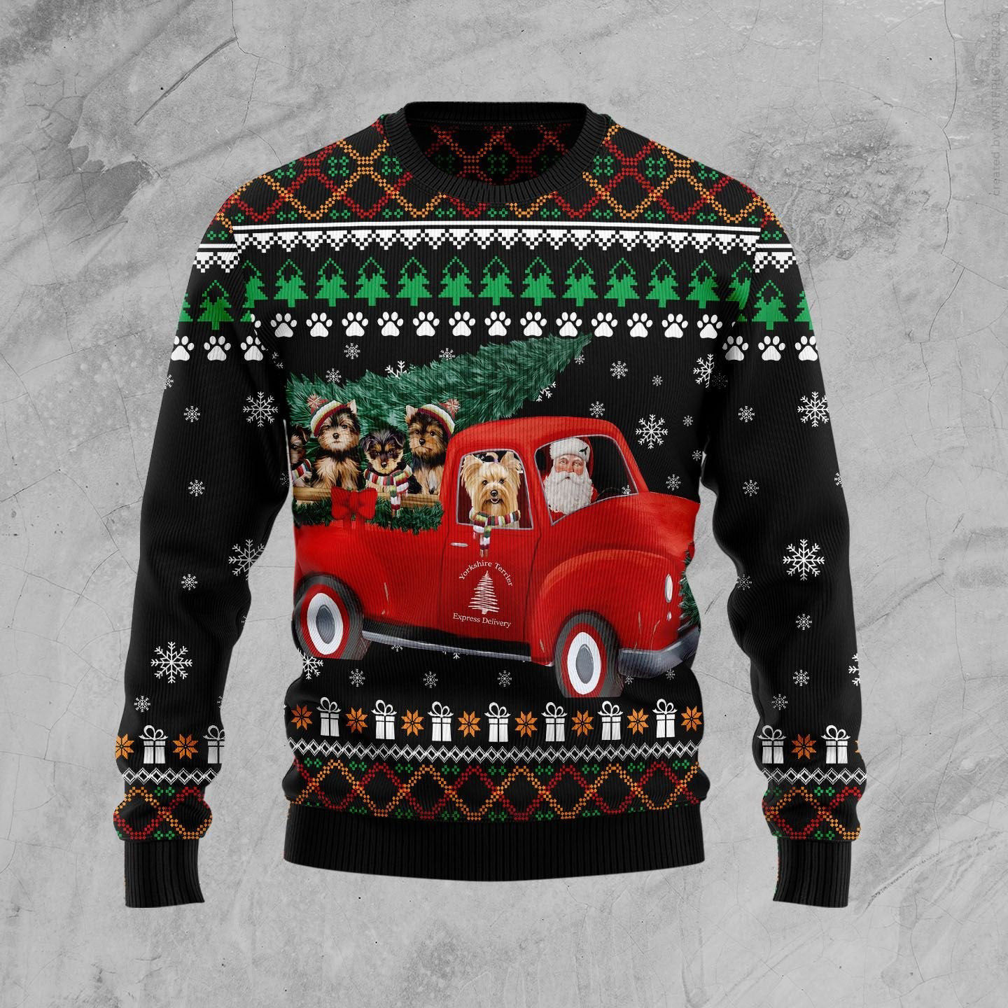 Yorkshire Terrier And Red Truck Ugly Christmas Sweater Animal Themed Christmas Gift Ideas