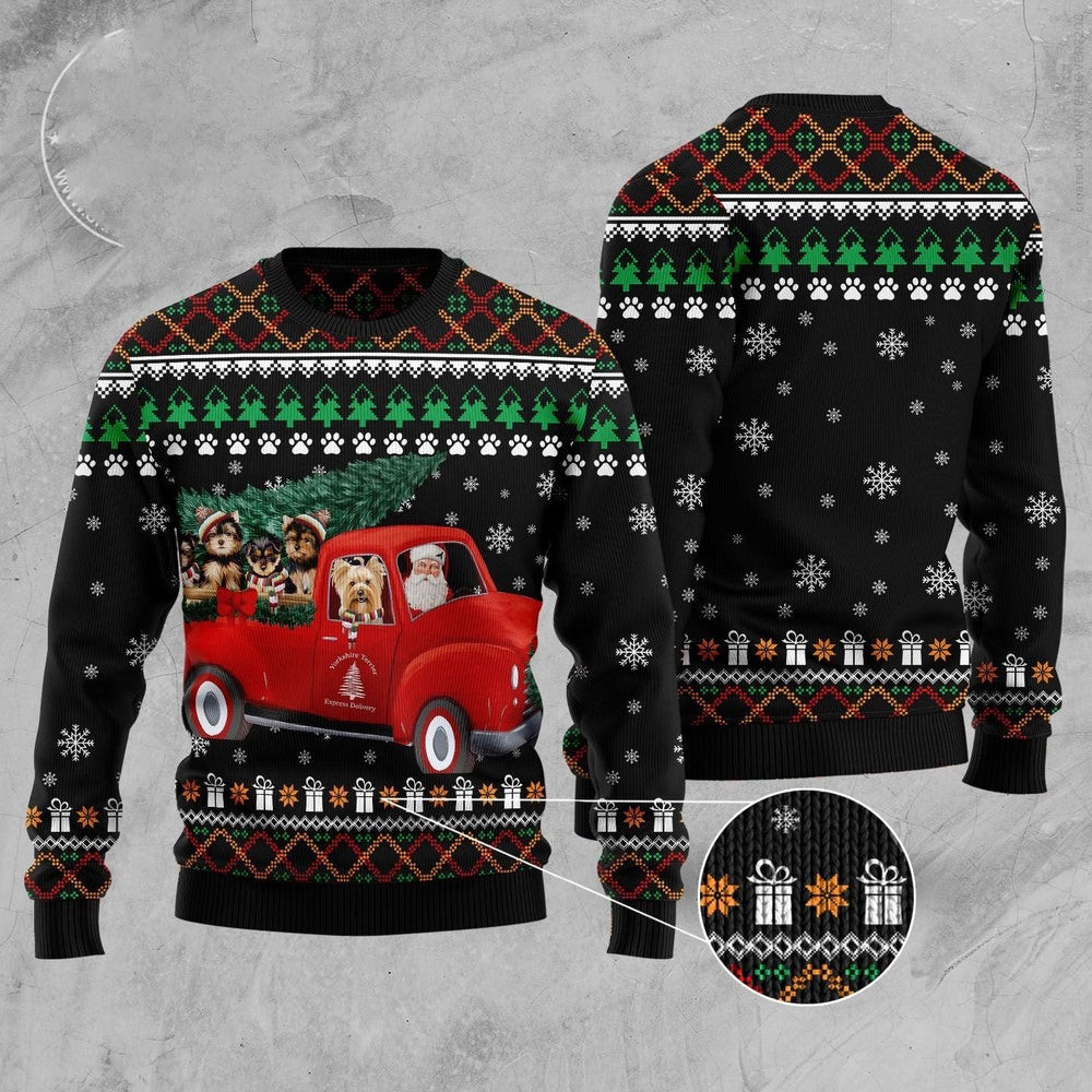 Yorkshire Terrier And Red Truck Ugly Christmas Sweater Funny Ugly Christmas Sweater Holiday Gifts