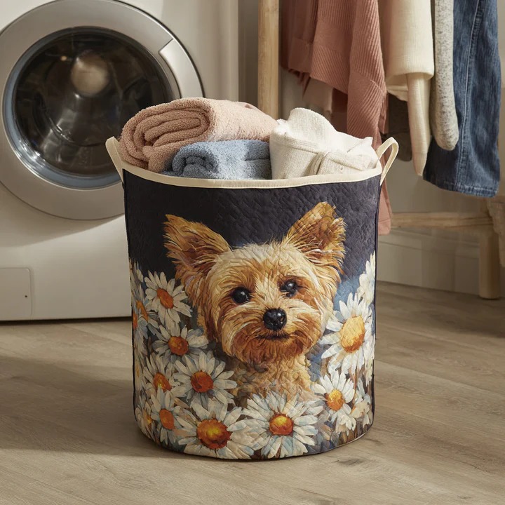 Yorkshire Terrier Daisy Floral Quilted Laundry Basket Dog Mom Home Decor Best Gift For Yorkie Lovers