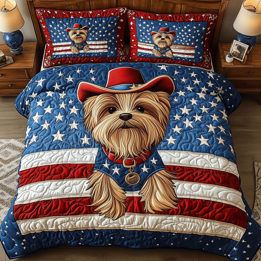 Yorkshire Terrier Quilted Bedding Set Patriotic Star Duvet Covers Gifts For Father's Day From Son