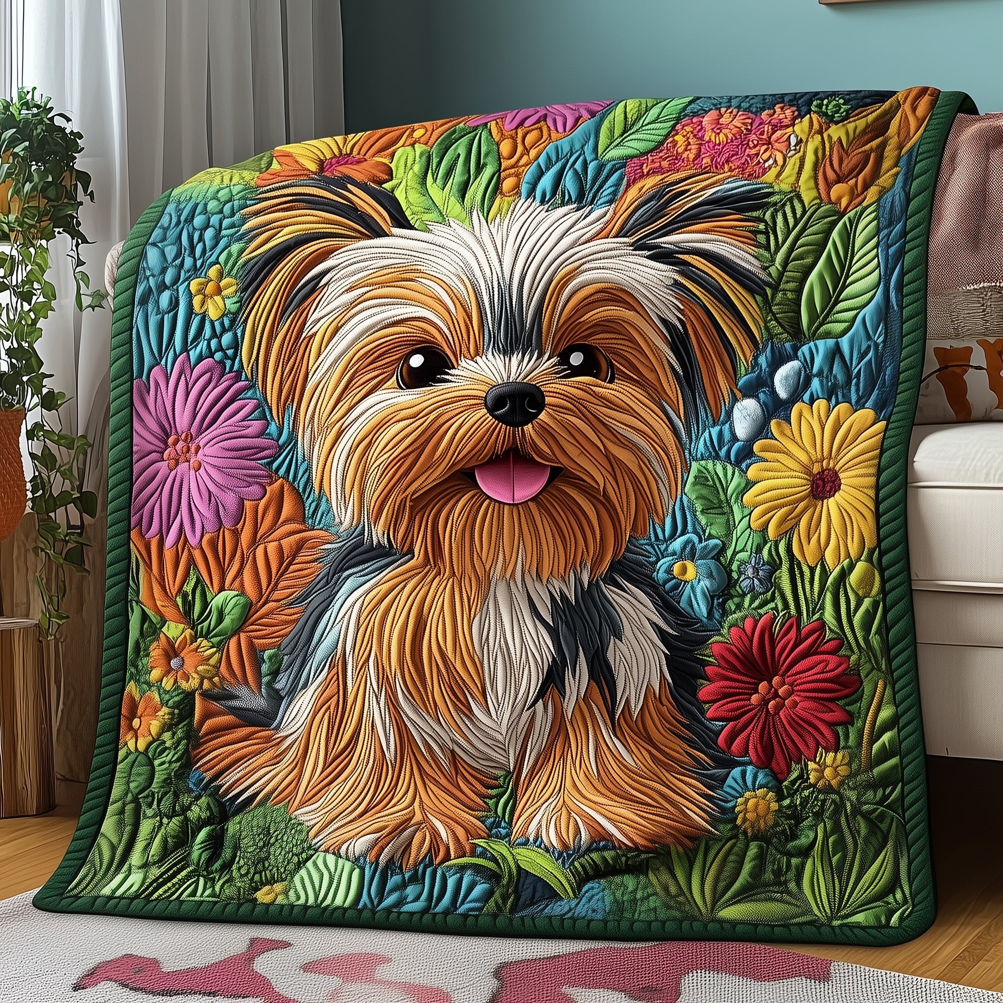Yorkshire Terrier Quilted Blanket Merry Christmas Quilt Blanket Decor