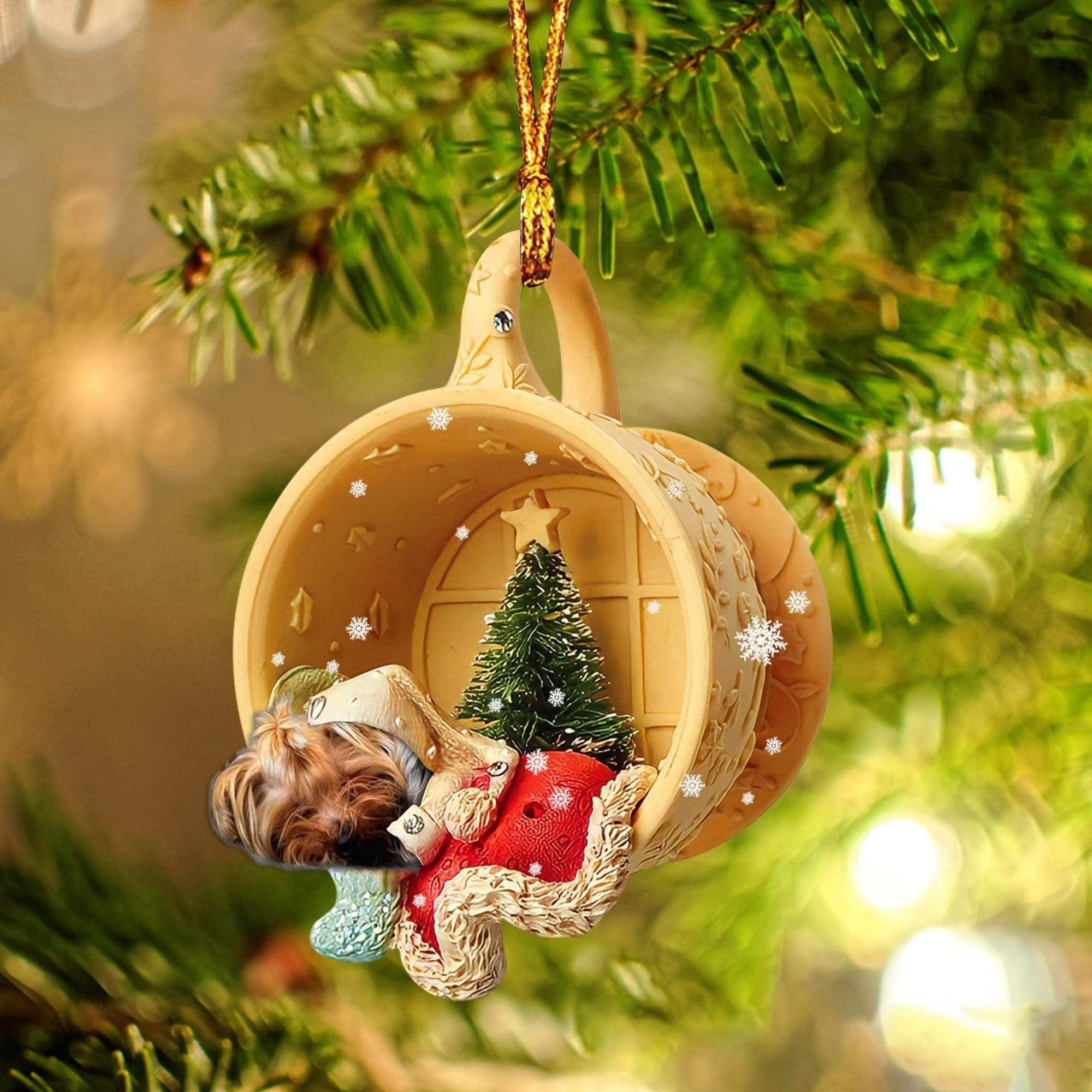 Yorkshire Terrier Sleeping In A Cup Christmas Ornament Flat Acrylic Dog Christmas Ornament
