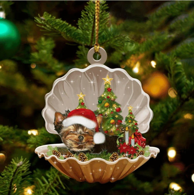 Yorkshire Terrier2 Sleeping in Pearl Dog Christmas Ornament Flat Acrylic