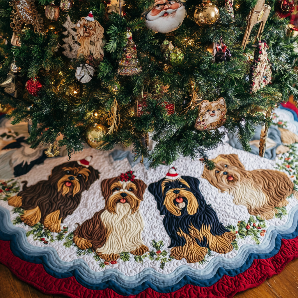 Yorkshires Blessing Christmas Quilted Tree Skirt Cover For Xmas Tree Base Yorkshire Terrier Presents