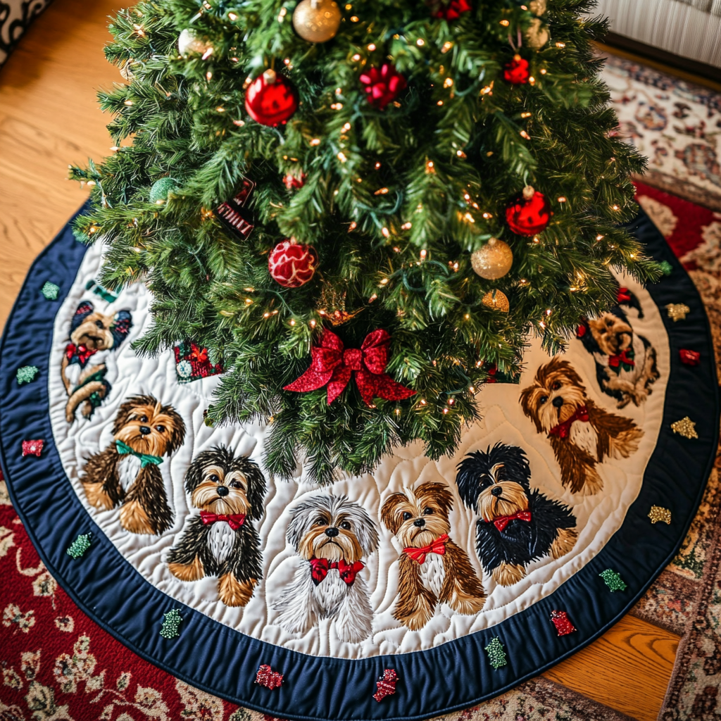 Yorkshires Cheer Christmas Quilted Tree Skirt Heartwarming Christmas Tree Skirt Gift for Loved Ones