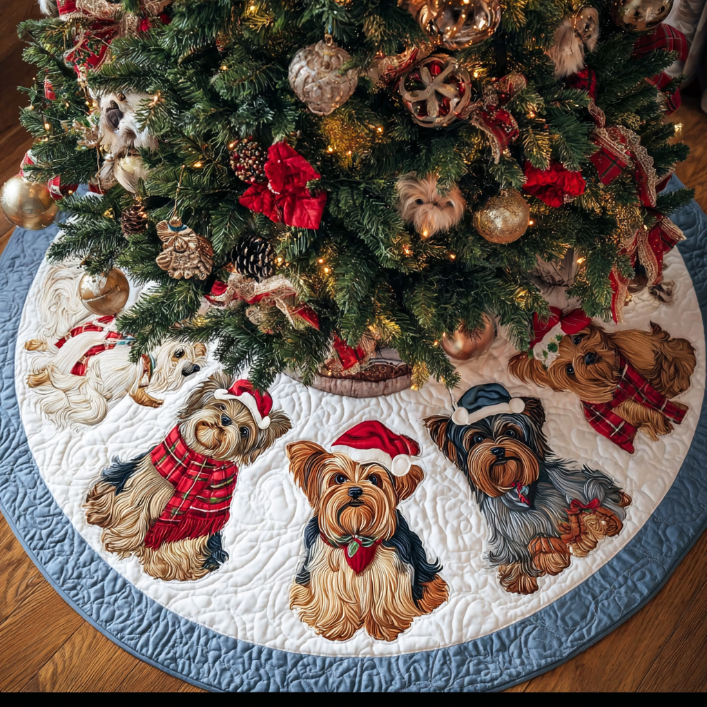 Yorkshires Delight Christmas Quilted Tree Skirt Winter Holiday Decor Yorkshire Terrier Themed Gifts