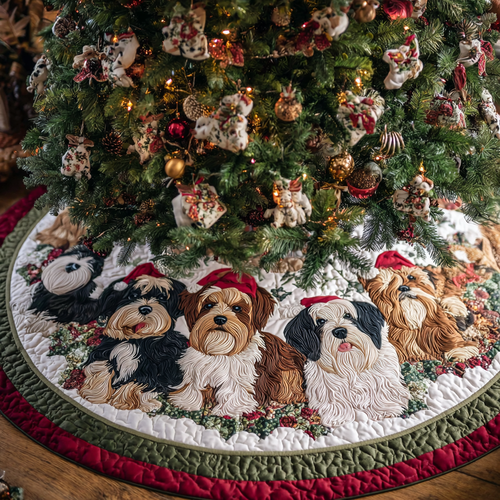 Yorkshires Dream Christmas Quilted Tree Skirt Unique Holiday Gift Merch for Family Homes